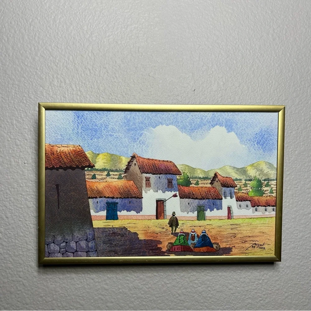 Vintage 1997 Original Signed Framed Watercolor Paint  Cultural Villa Cusco Peru